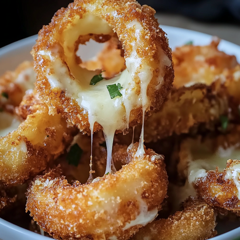 A bowl of cheese covered onion rings.