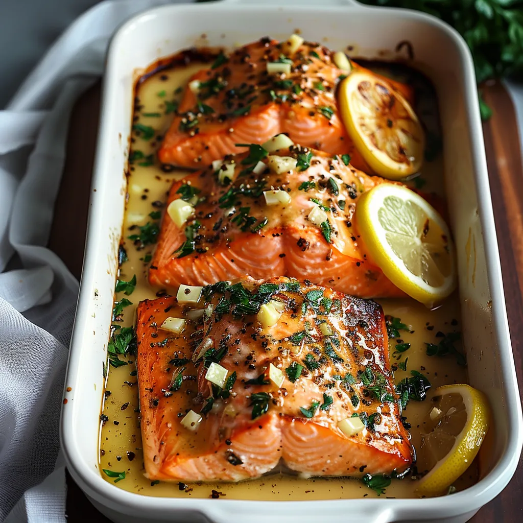 A dish of fish with lemon and herbs.