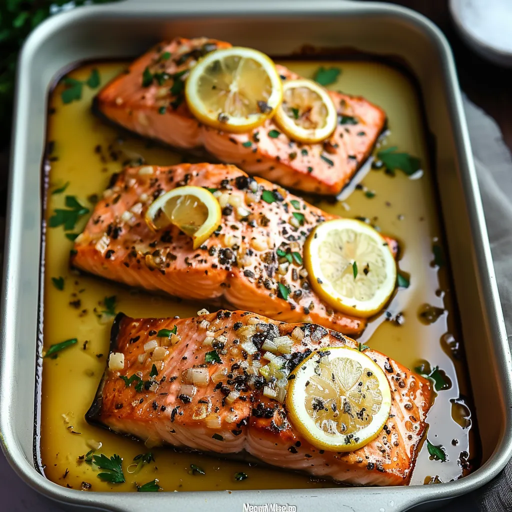 Two pieces of salmon with lemon slices on top.