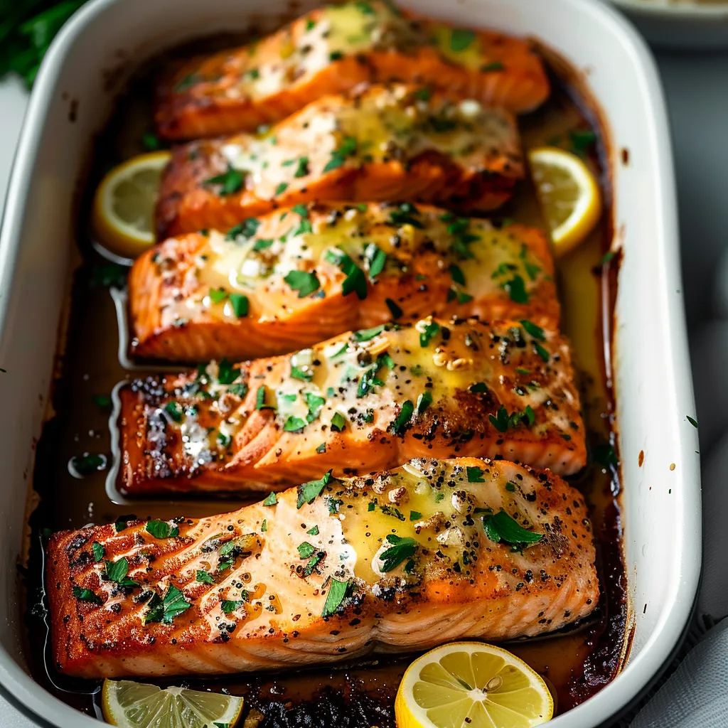 A dish of salmon with lemon wedges on top.