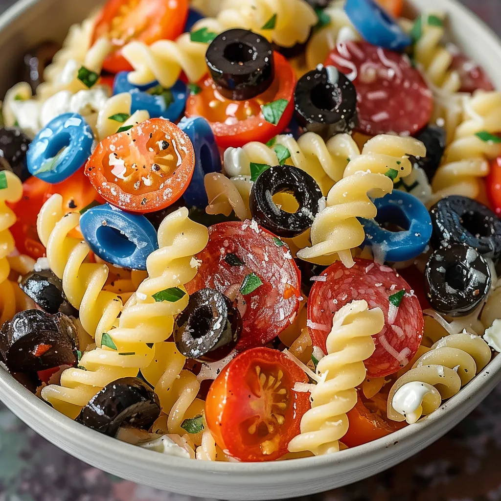 A bowl of pasta with tomatoes, olives, and cheese.