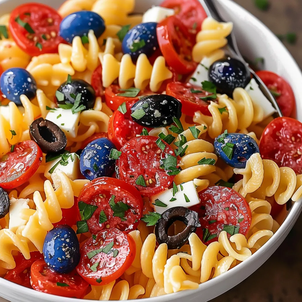 A bowl of pasta with tomatoes, olives, and blueberries.