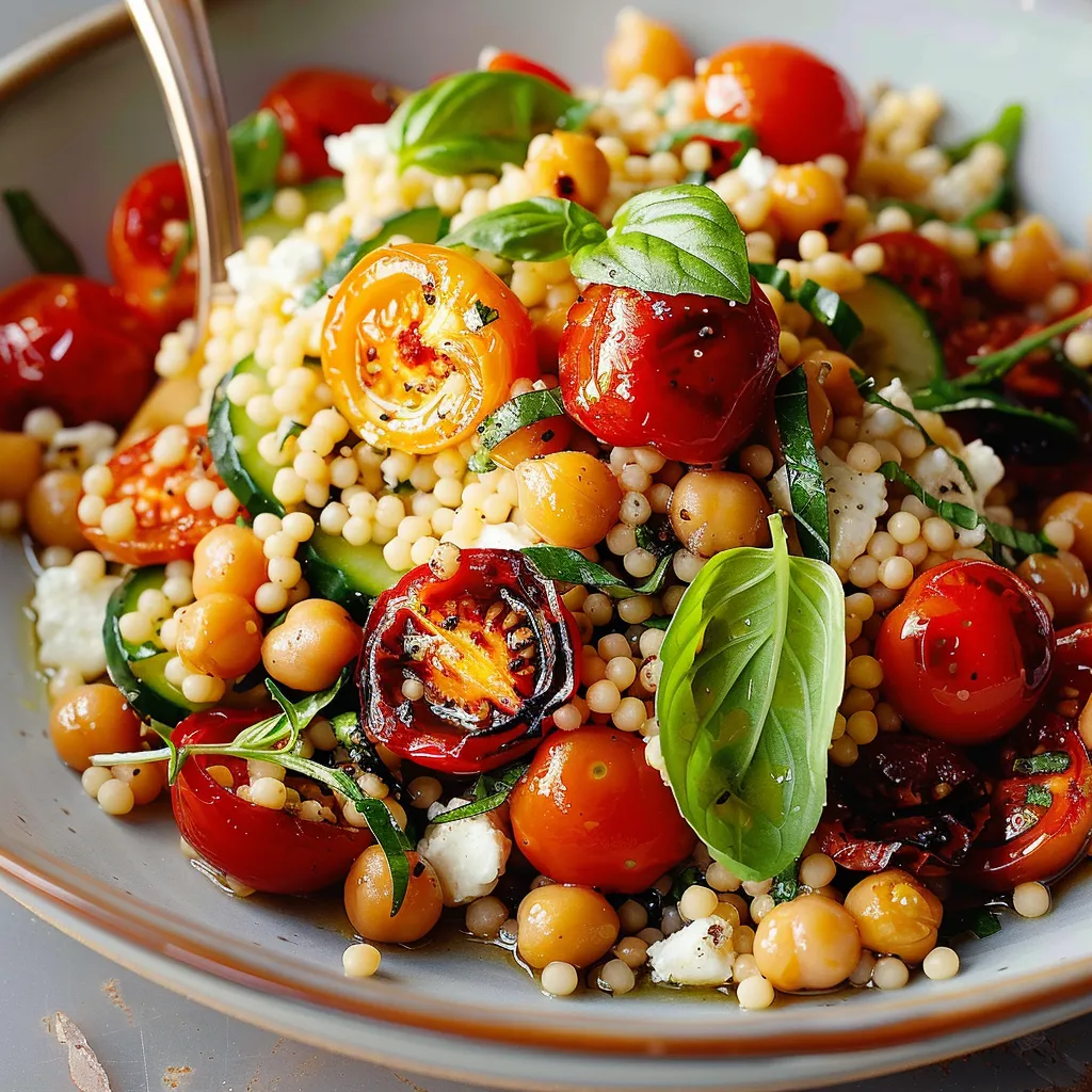 A bowl of food with tomatoes, cucumbers, and chickpeas.