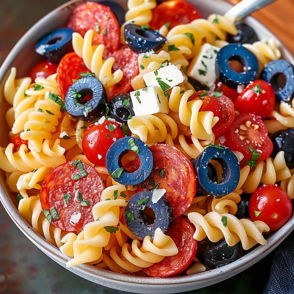 A bowl of pasta with tomatoes, olives, and cheese.