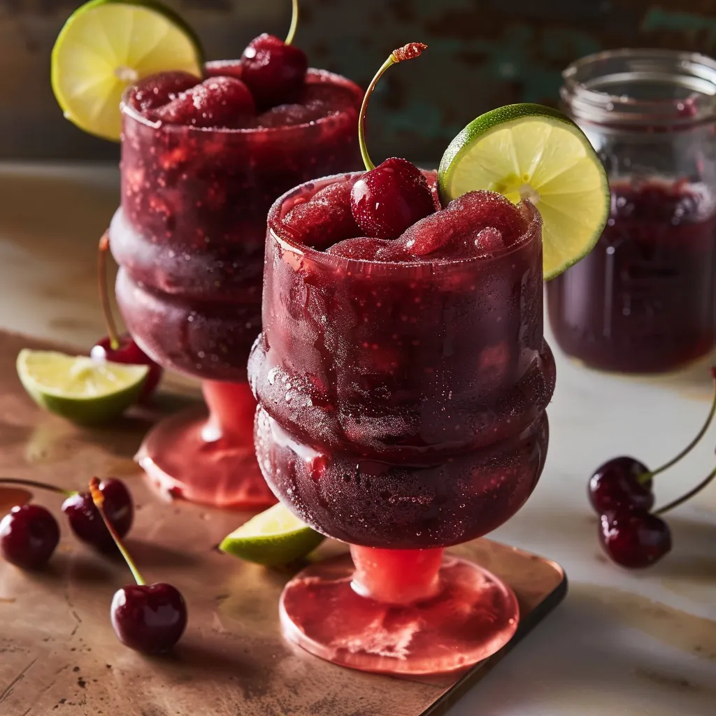 Two glasses of cherry juice with limes on top.