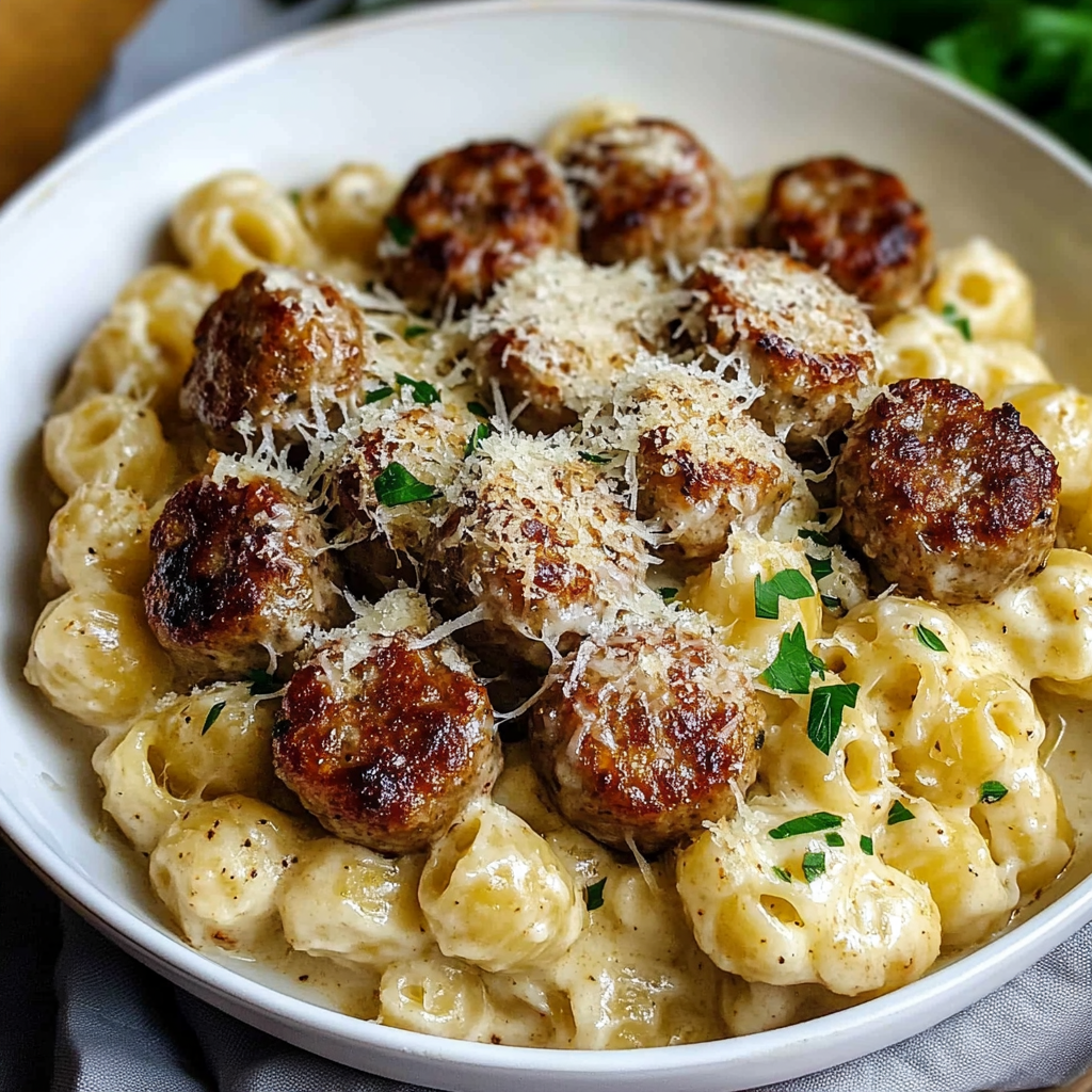 A bowl of pasta with meatballs and cheese.