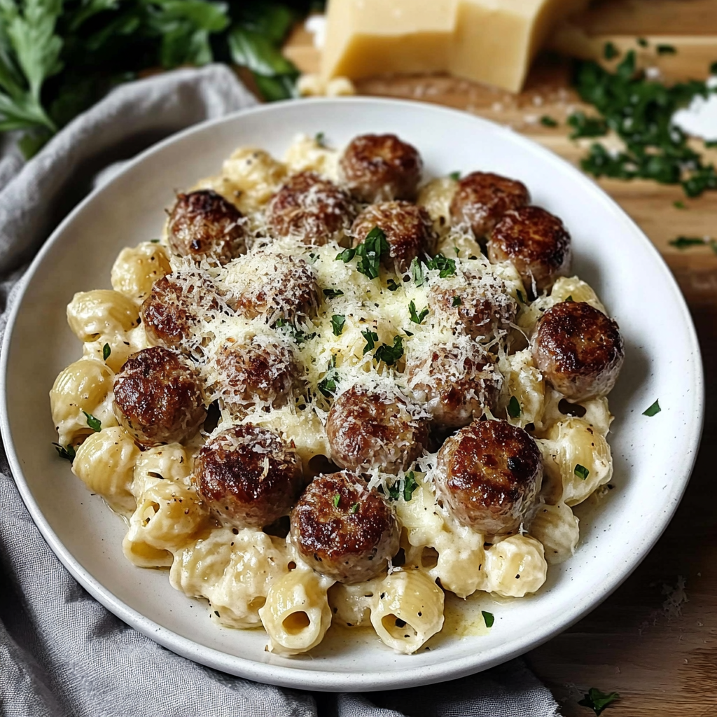 A plate of pasta with meatballs and cheese.