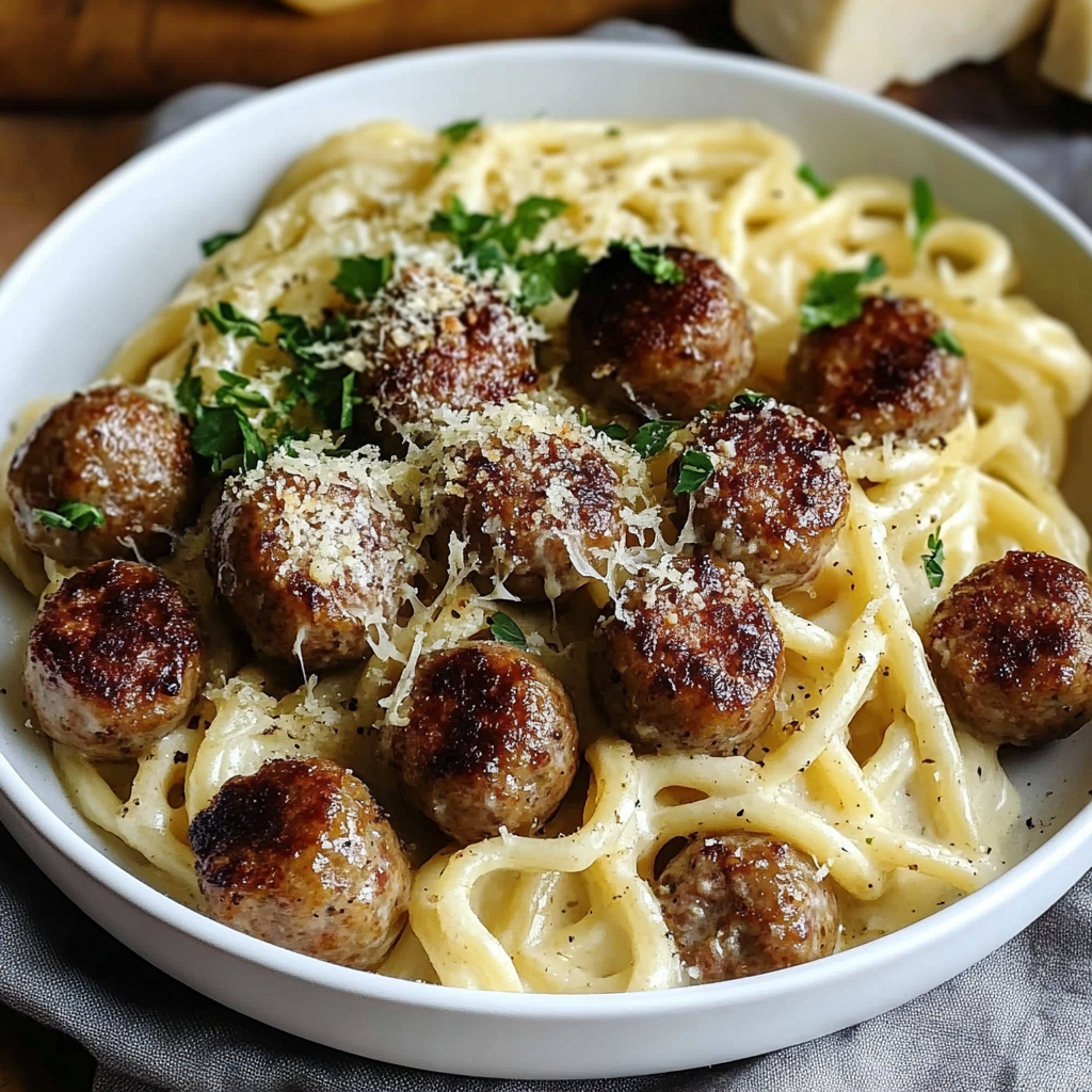 A bowl of pasta with meatballs and cheese.