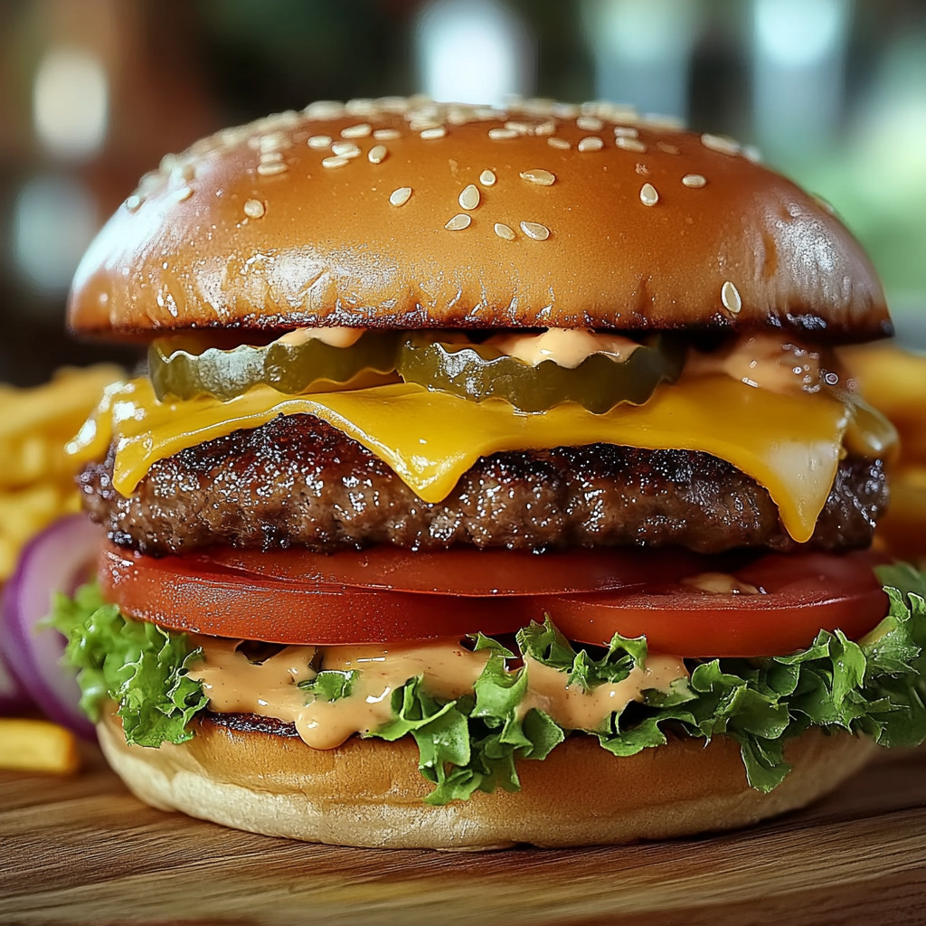 A large hamburger with lettuce, tomato, and pickles.