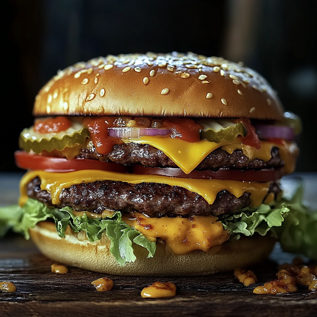 A large hamburger with lettuce, tomato, onion, pickles, and mustard.