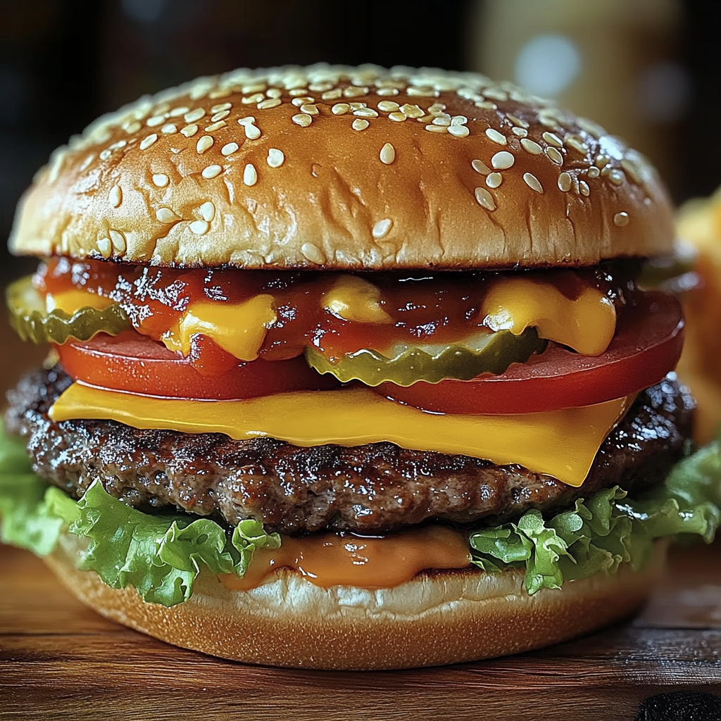 A hamburger with lettuce, tomato, pickles, and cheese.