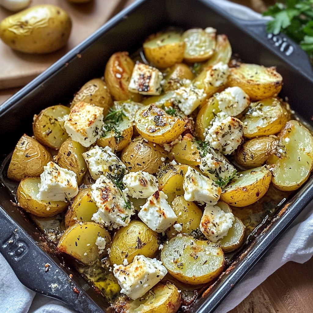 A dish of potatoes with cheese and herbs.