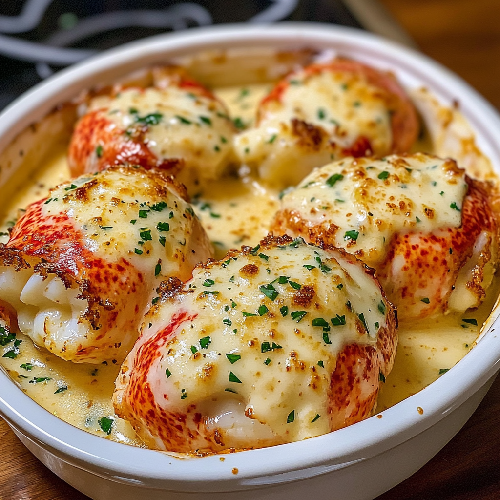 A bowl of lobster tails in a creamy garlic butter sauce.