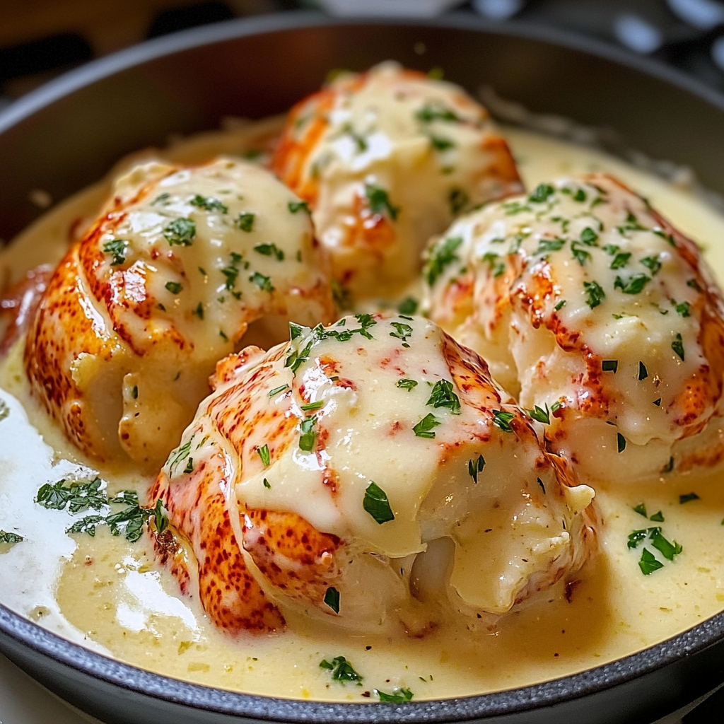 Broiled lobster tails in creamy garlic butter sauce.