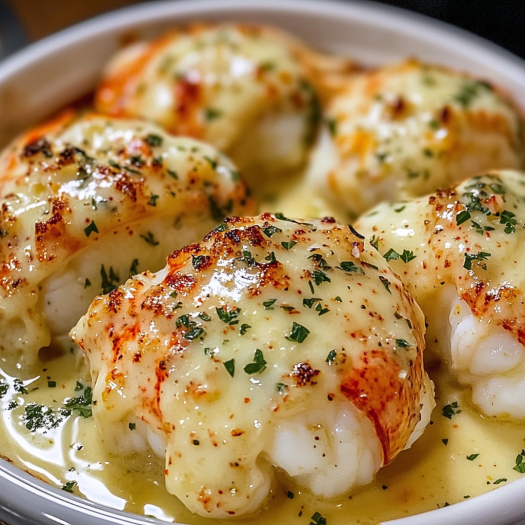Broiled lobster tails in creamy garlic butter sauce.