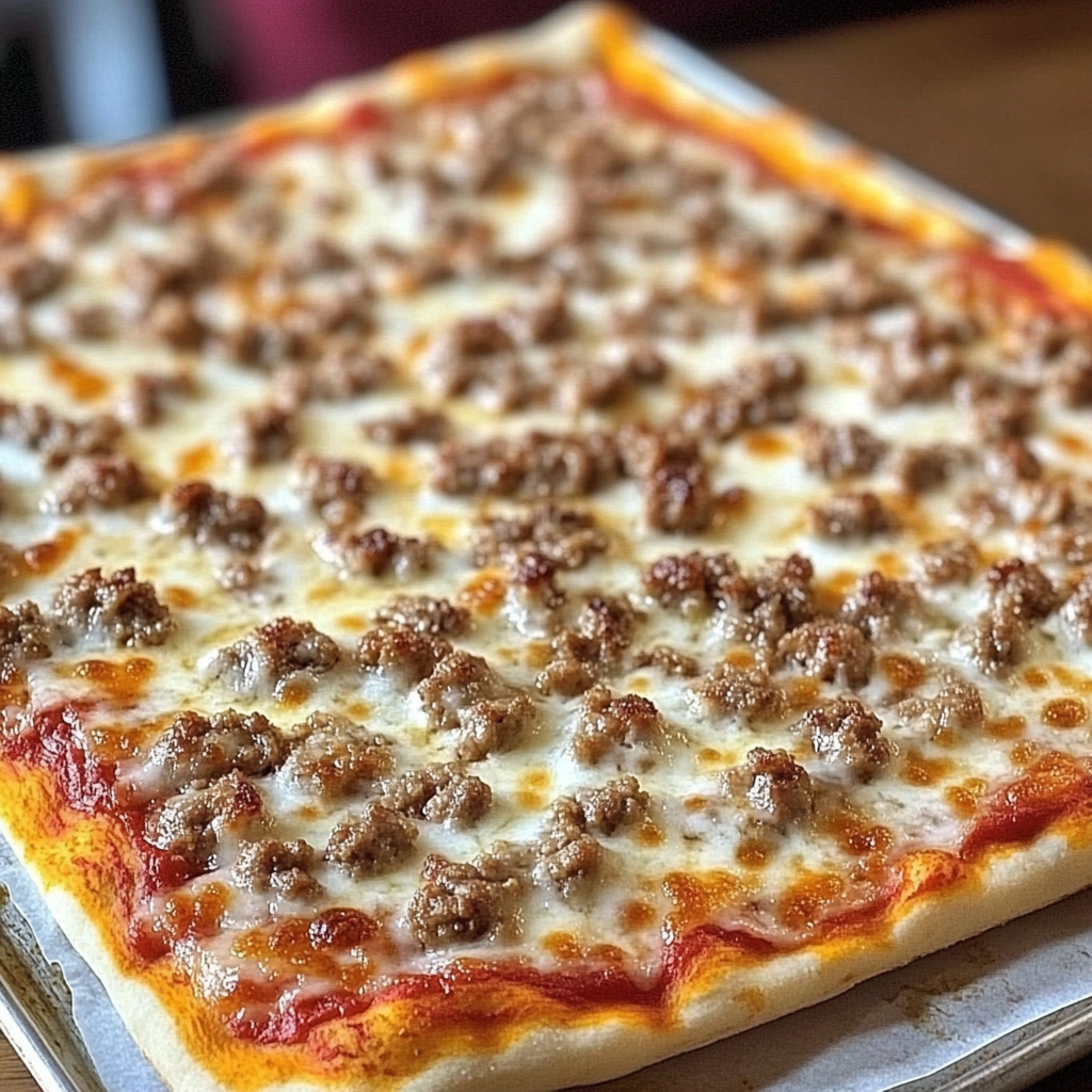 A pizza with meat and cheese on it.