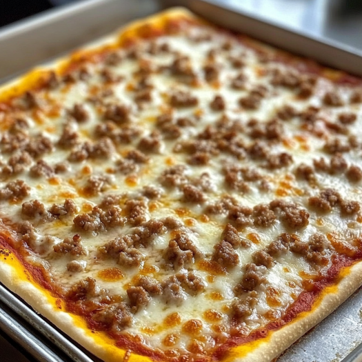 A pan of pizza with meat and cheese.