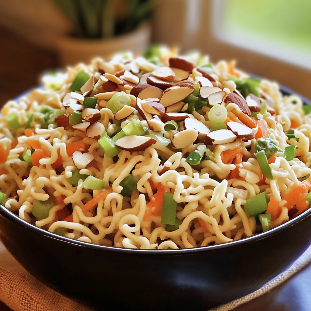 A bowl of noodles with vegetables and nuts.