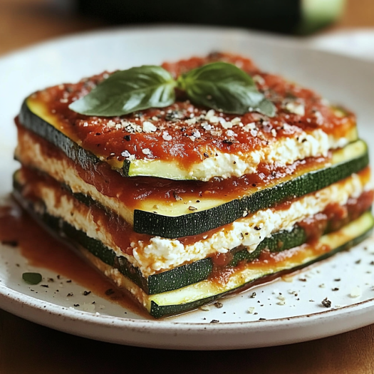 A layered zucchini dish with marinara sauce.