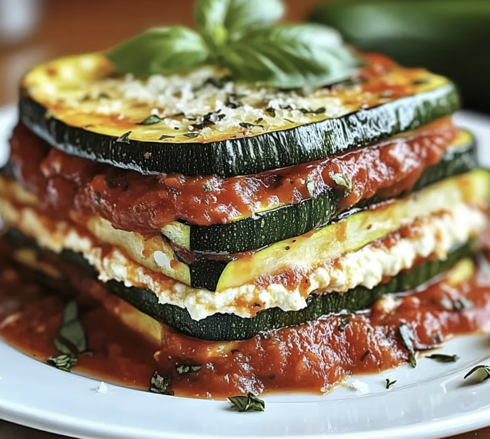 A stack of zucchini with marinara sauce.