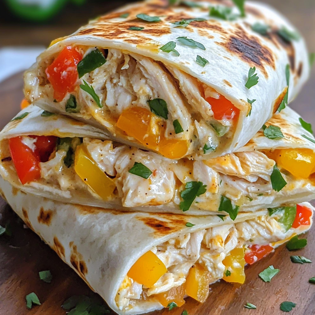A burrito with chicken and peppers.