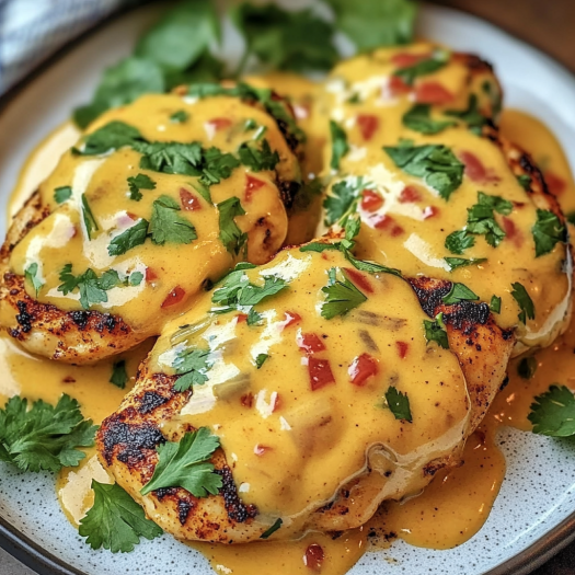 A plate of Mexican chicken with cheese sauce.