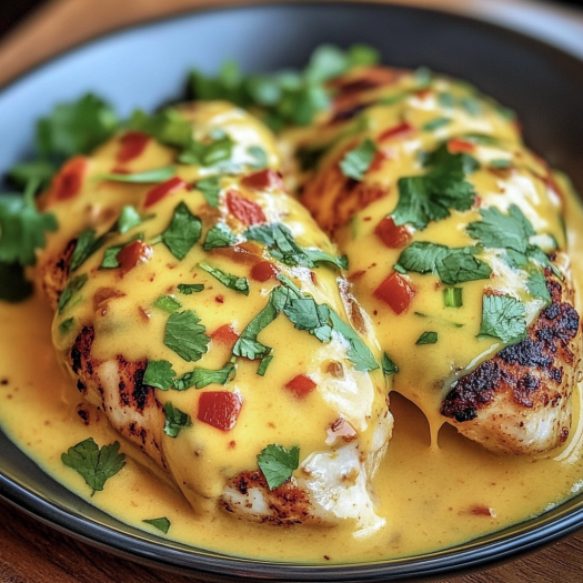 A plate of Mexican chicken with cheese sauce.