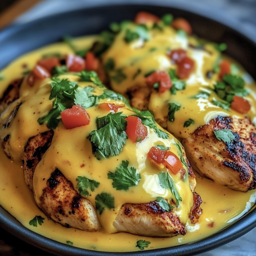 A plate of Mexican chicken with cheese sauce.