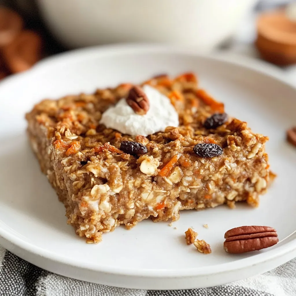 A slice of baked oatmeal with carrots and nuts.