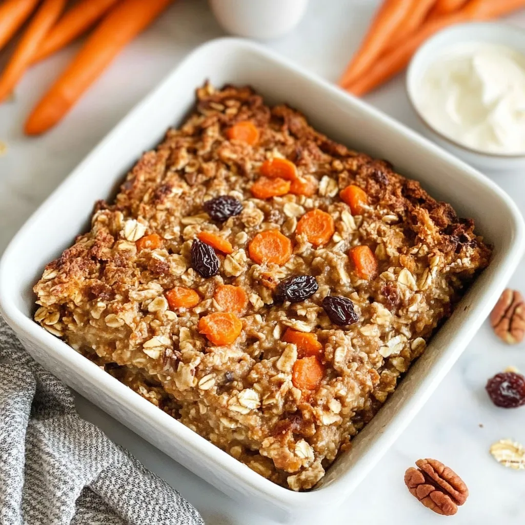 A square dish filled with a healthy carrot cake baked oatmeal.