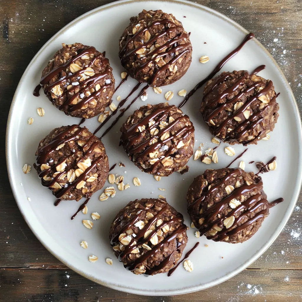 A plate of chocolate covered oatmeal cookies.
