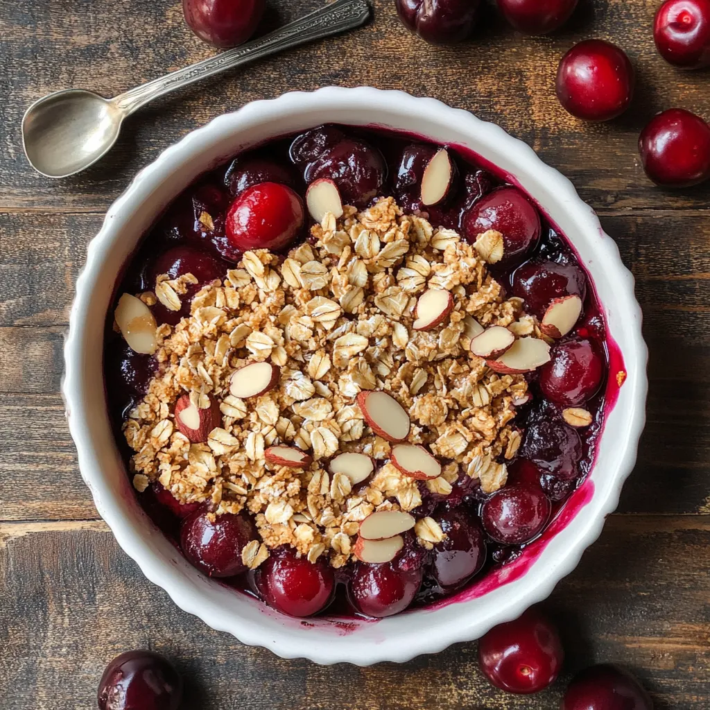 A bowl of cherry almond crisp with a spoon in it.