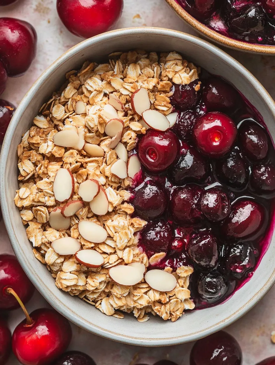 A bowl of cherry almond crisp.