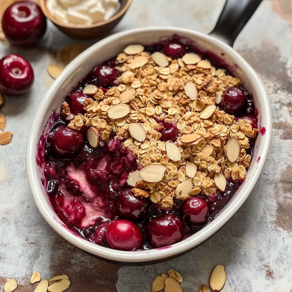 A bowl of cherry almond crisp.