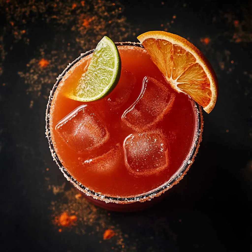 A glass of blood orange margarita with a lime wedge on top.