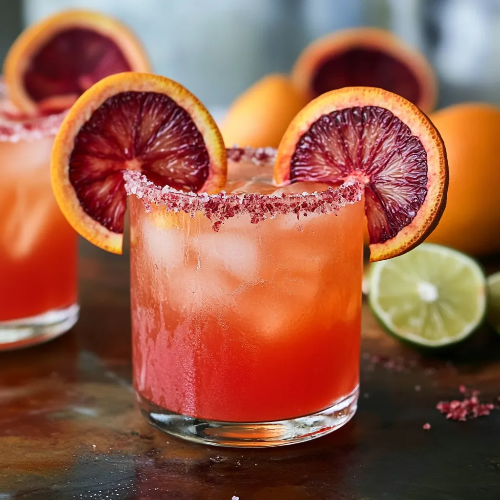 Two glasses of blood orange margaritas.