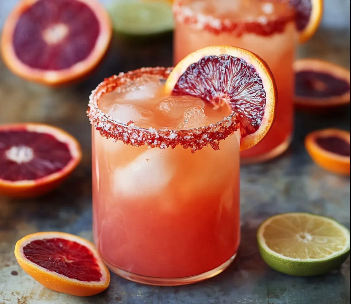 Blood orange margaritas with a slice of blood orange.