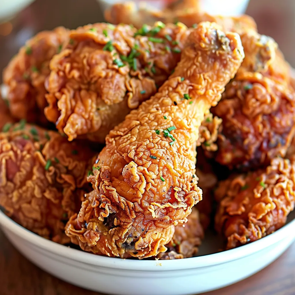 A bowl of fried chicken with a green herb on top.
