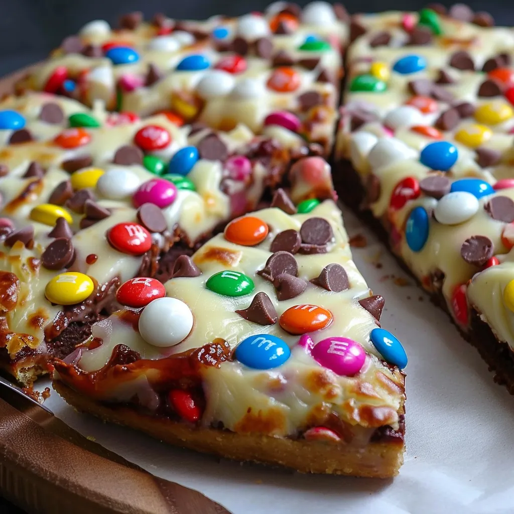 A slice of pizza with M&M's on it.