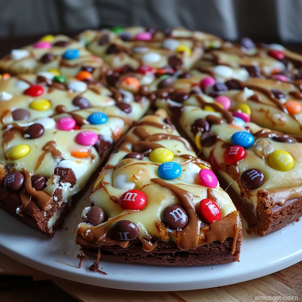 A slice of pizza with M&M's and chocolate sauce.