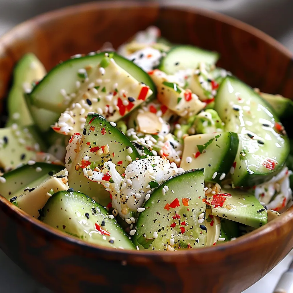 A bowl of food with cucumbers and rice.