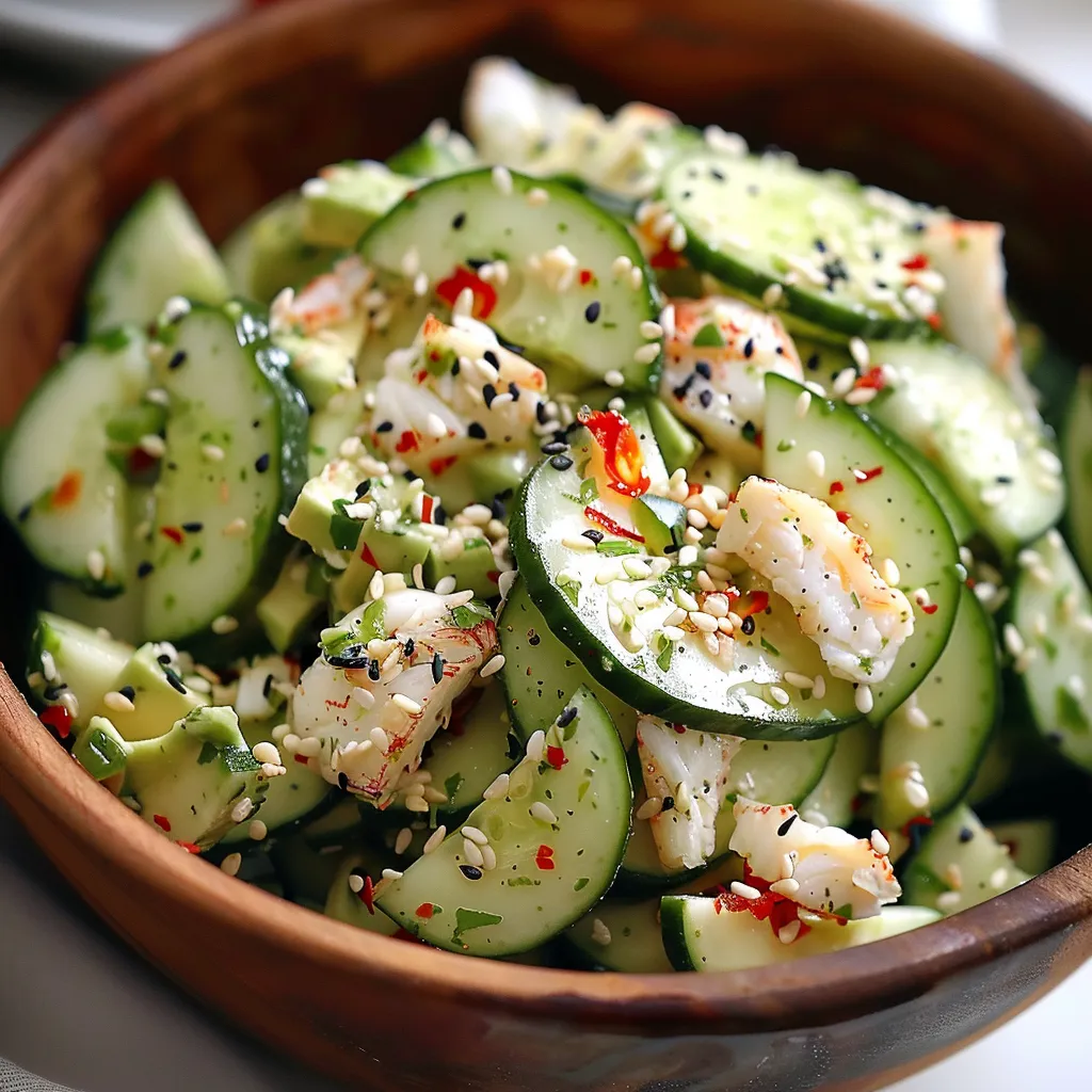 A bowl of food with cucumbers and fish.