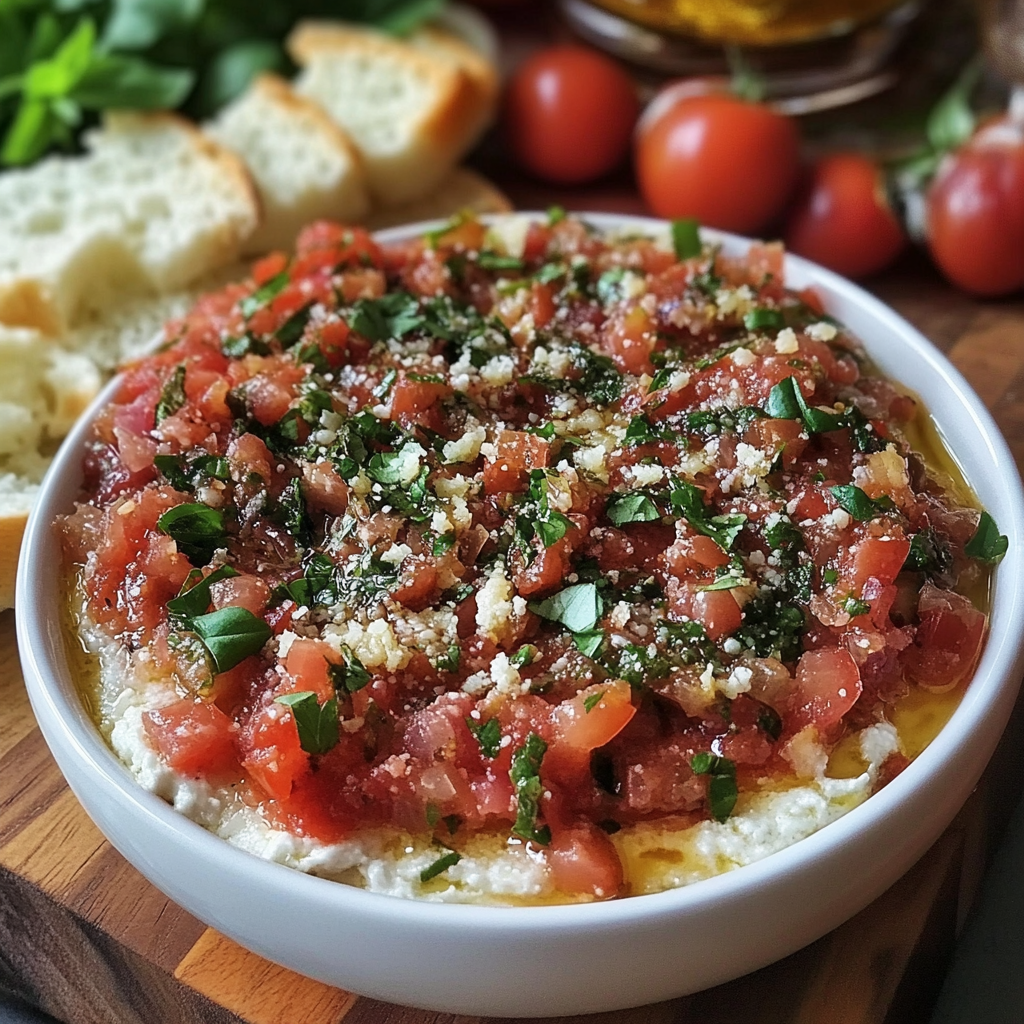 A bowl of food with tomatoes and bread.
