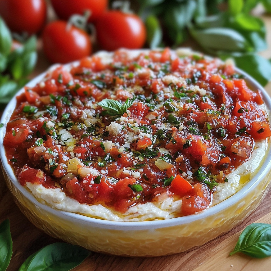 A bowl of food with tomatoes and basil.