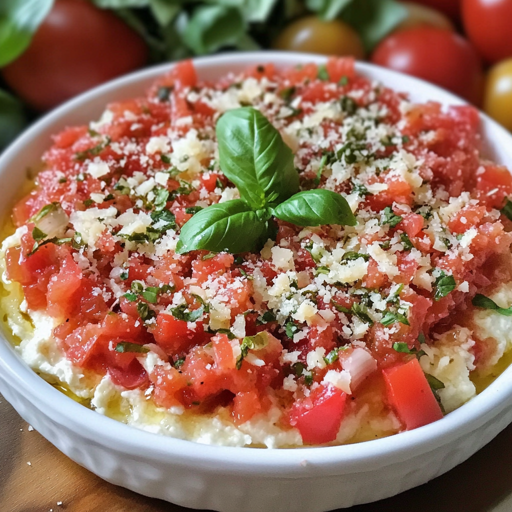 A bowl of food with tomatoes, spinach, and cheese.