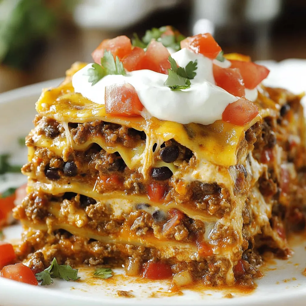 A white plate loaded with colorful layered Mexican food.