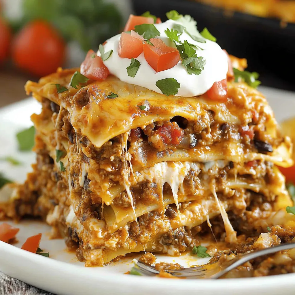 A colorful forkful of layered Mexican casserole on a plate.