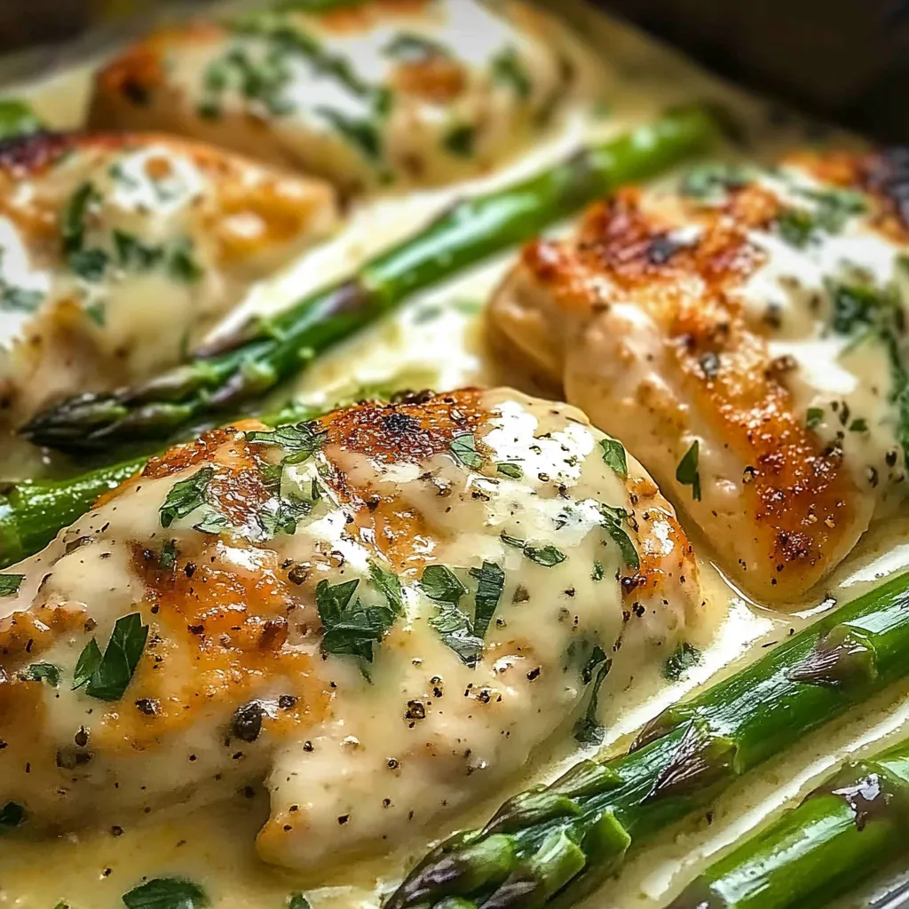 Chicken with asparagus and cheese.