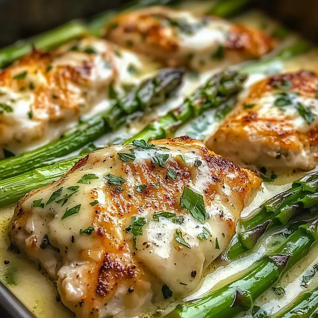 Chicken with asparagus and cheese.