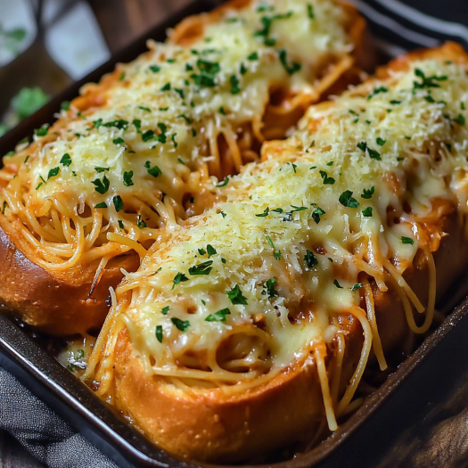 A dish of spaghetti stuffed garlic bread subs.